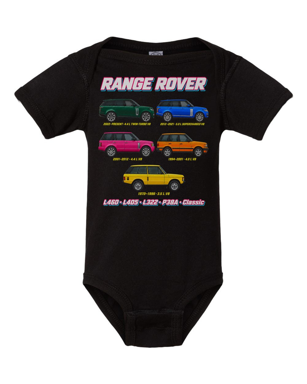 Range Rover evolution poster black baby onesie front view
