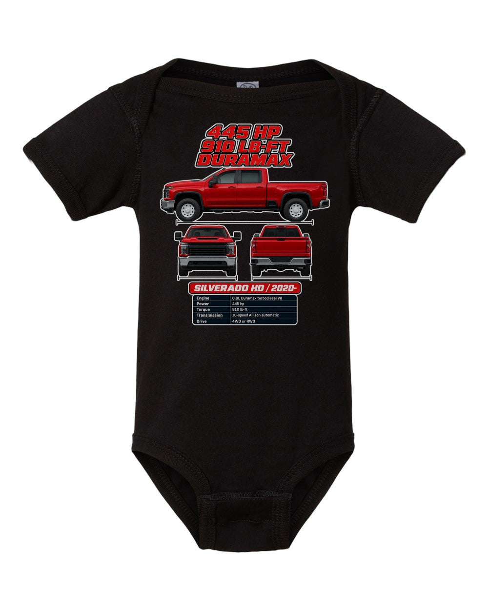 Chevrolet Silverado Hd spec sheet black baby onesie front view