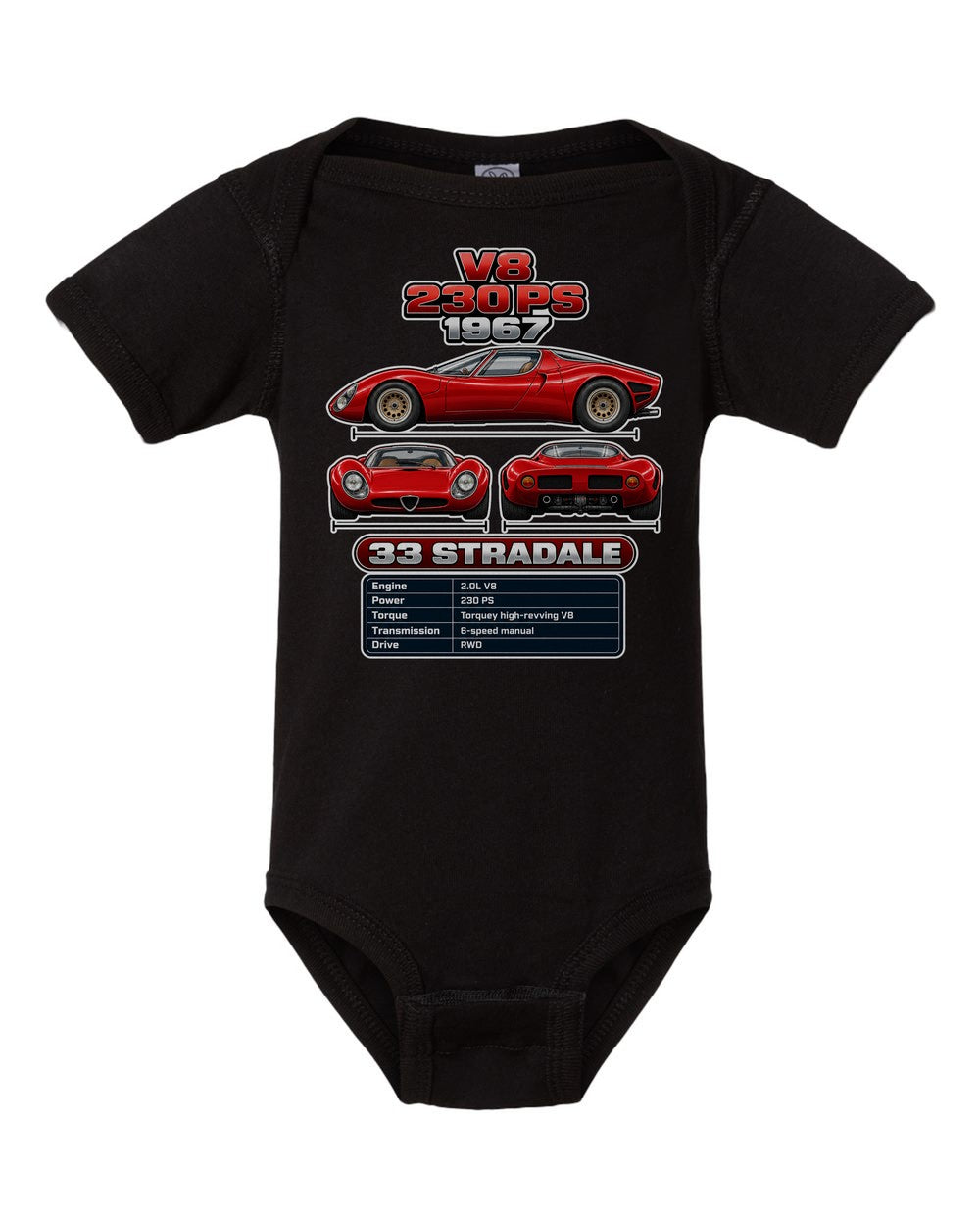 Alfa Romeo 33 Stradale spec sheet black baby onesie front view