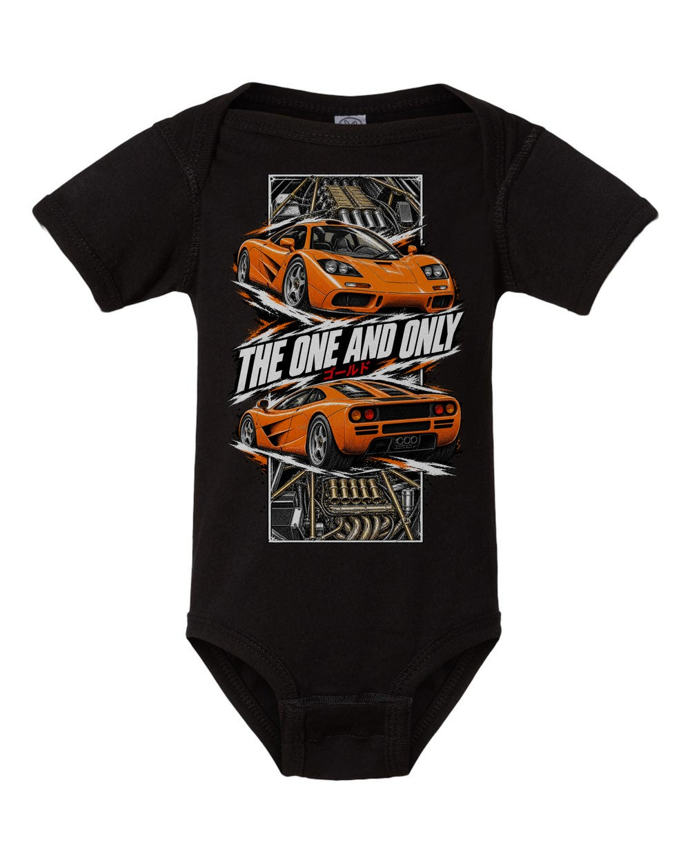 Mclaren F1 torn poster black baby onesie front view