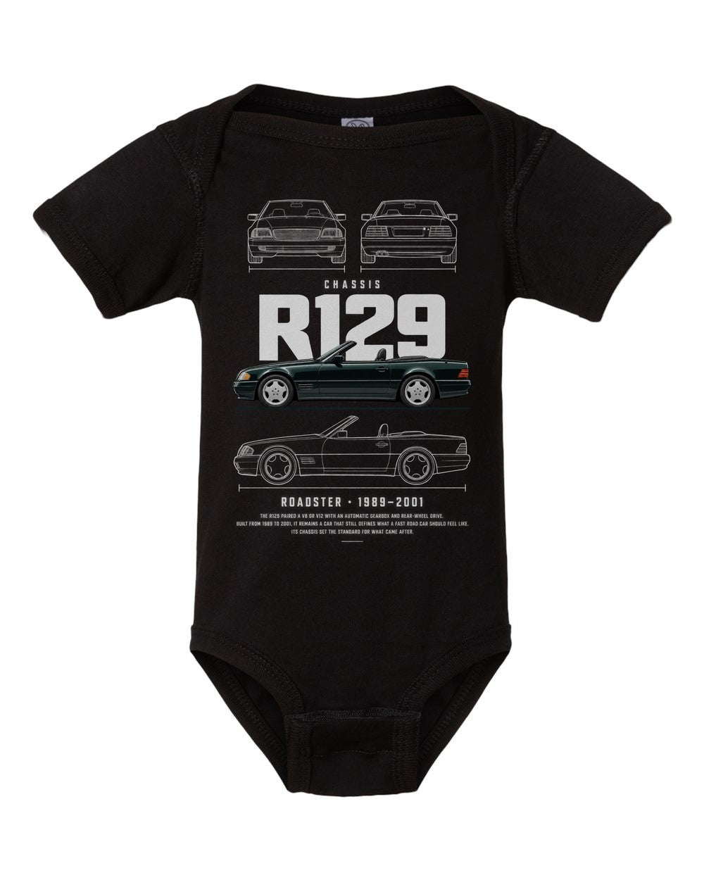 R129 artwork black baby onesie front view