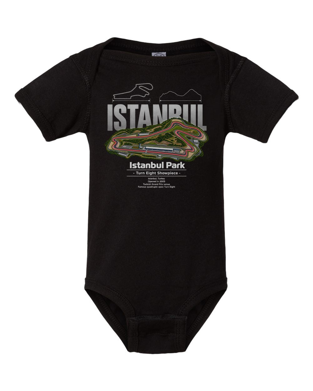 Istanbul Park black baby onesie front view