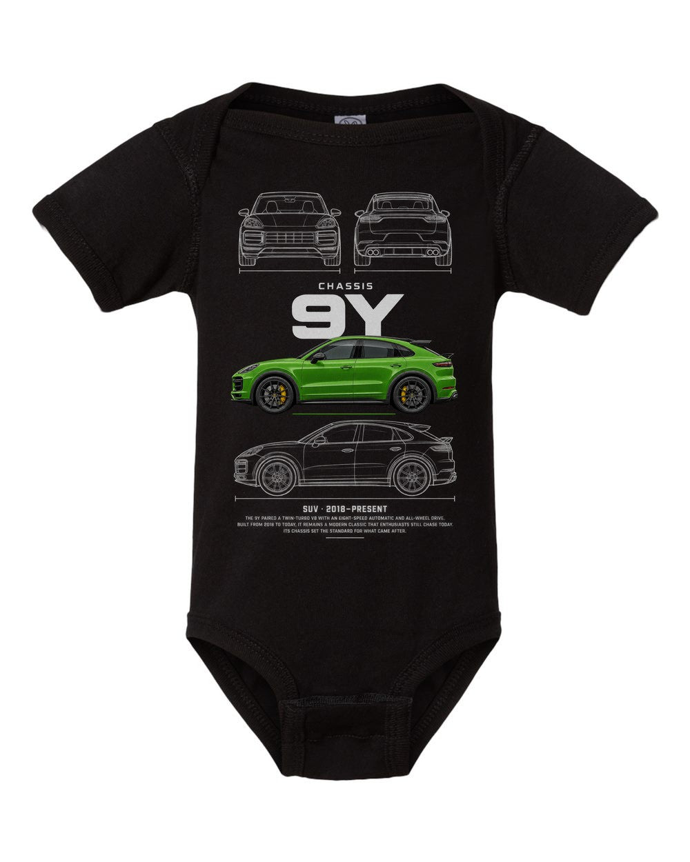 9Y artwork black baby onesie front view