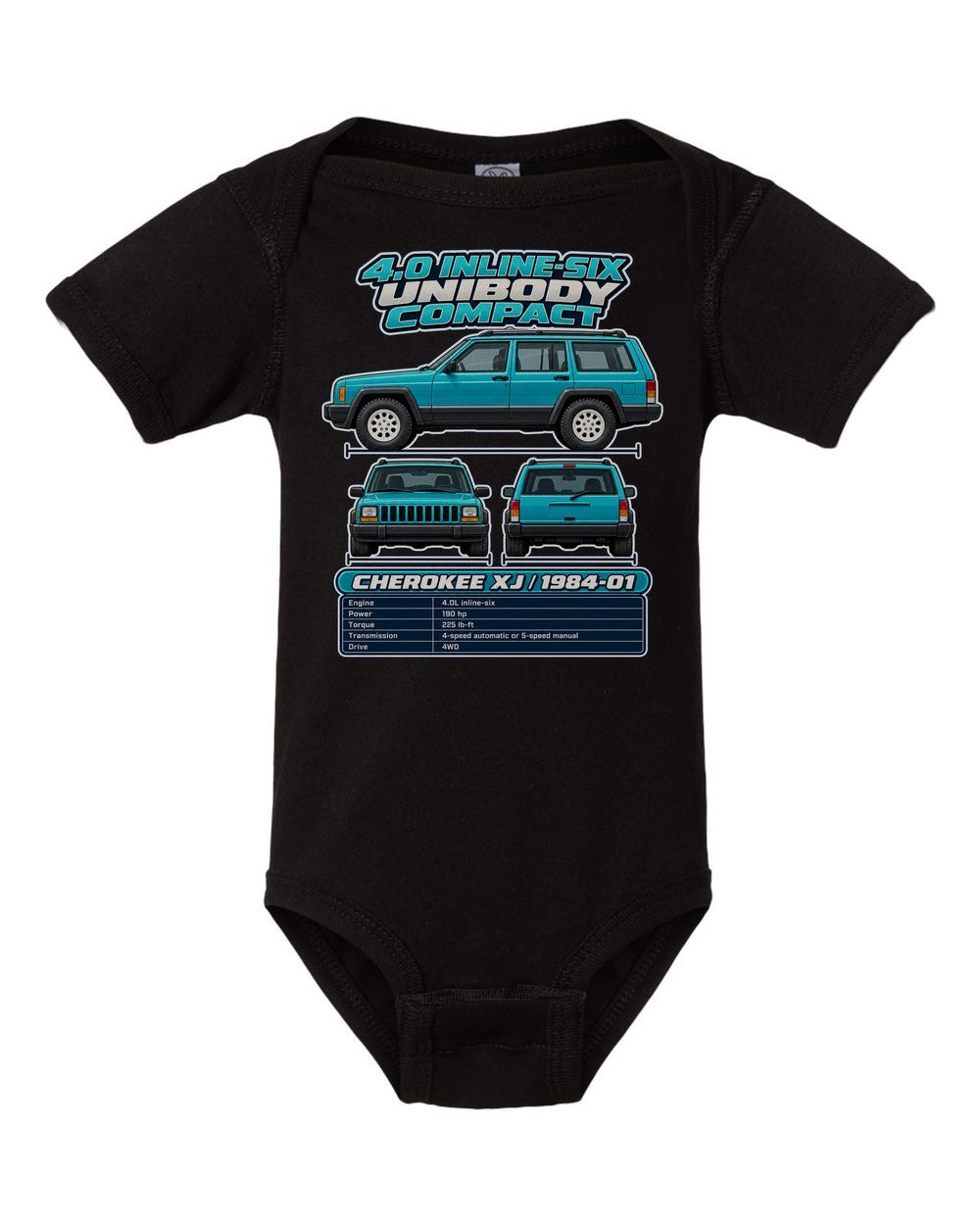 Jeep Cherokee Xj spec sheet black baby onesie front view