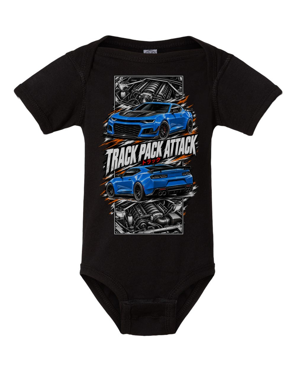 Chevy Camaro SS torn poster black baby onesie front view