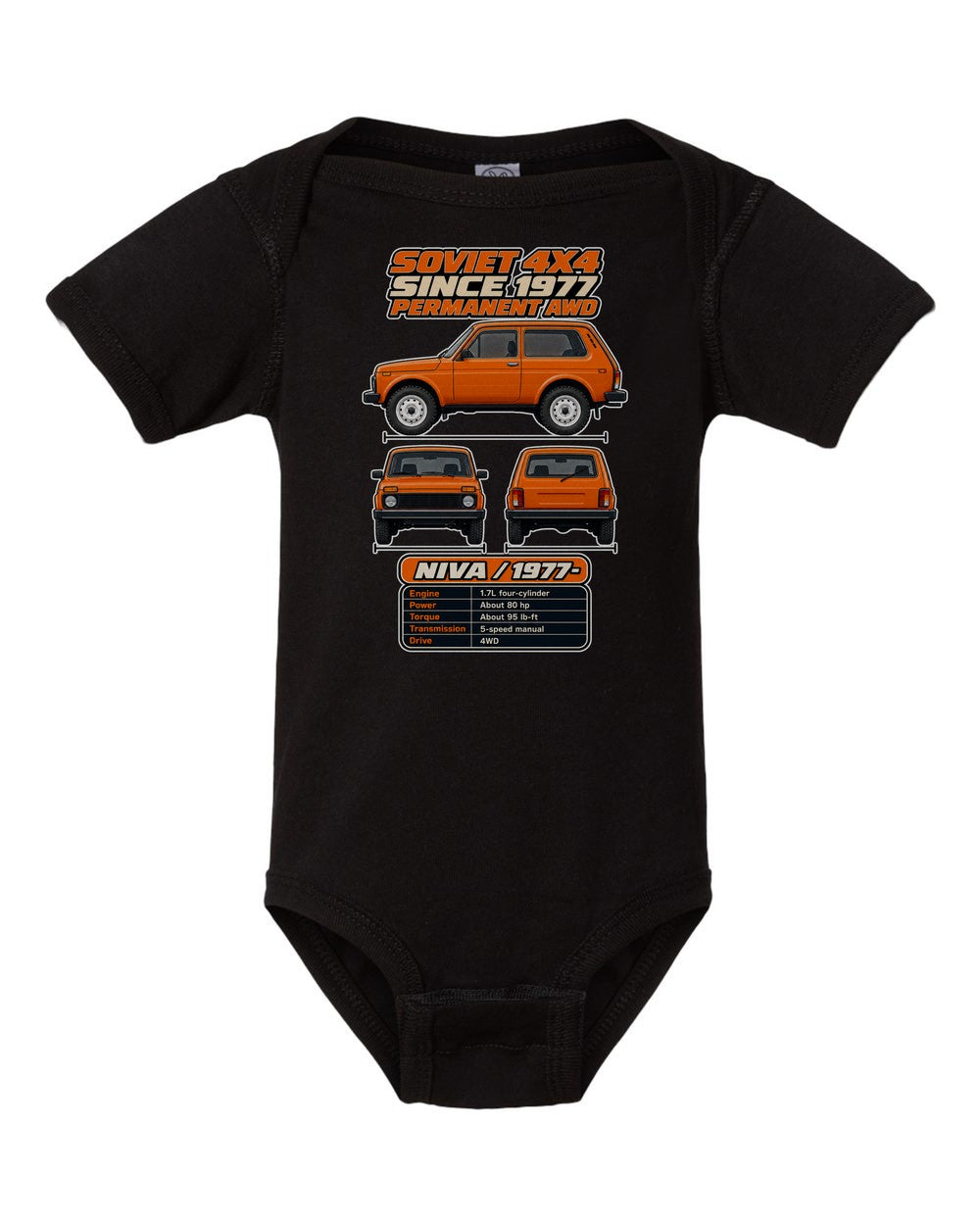 Lada Niva spec sheet black baby onesie front view