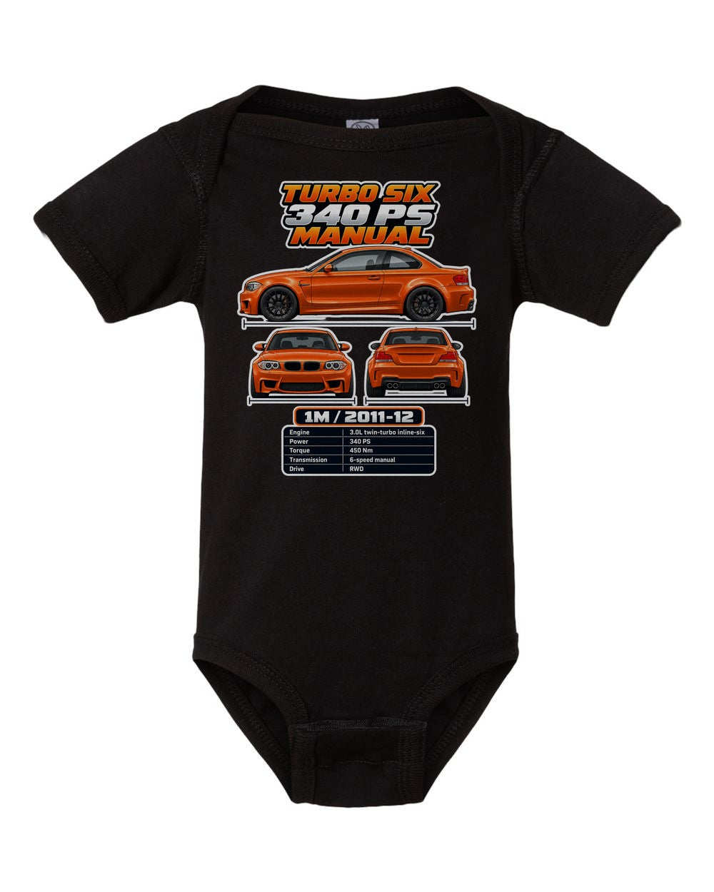 BMW 1 Series M Coupe spec sheet black baby onesie front view