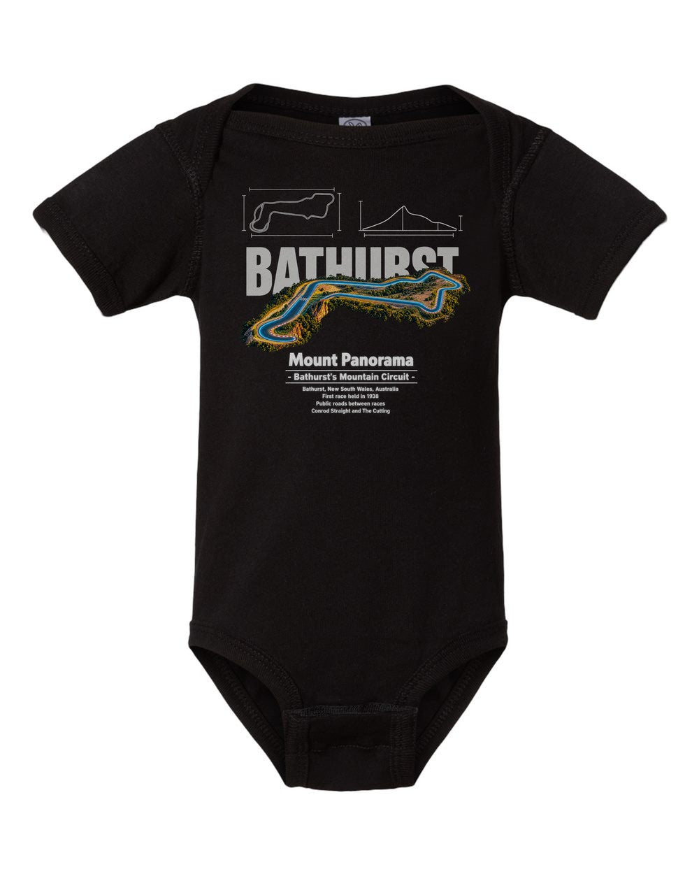 Mount Panorama black baby onesie front view