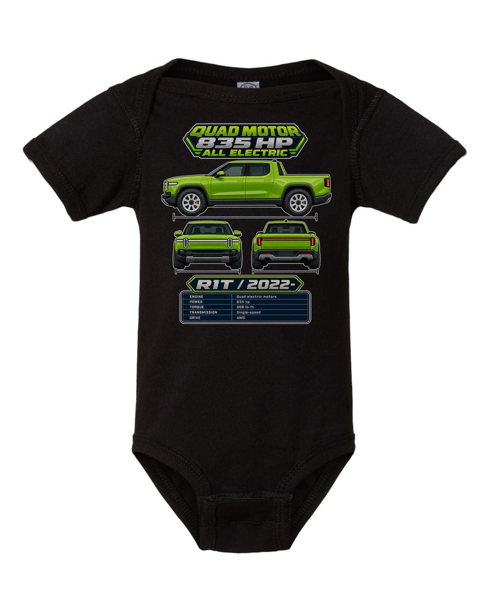 Rivian R1T spec sheet black baby onesie front view