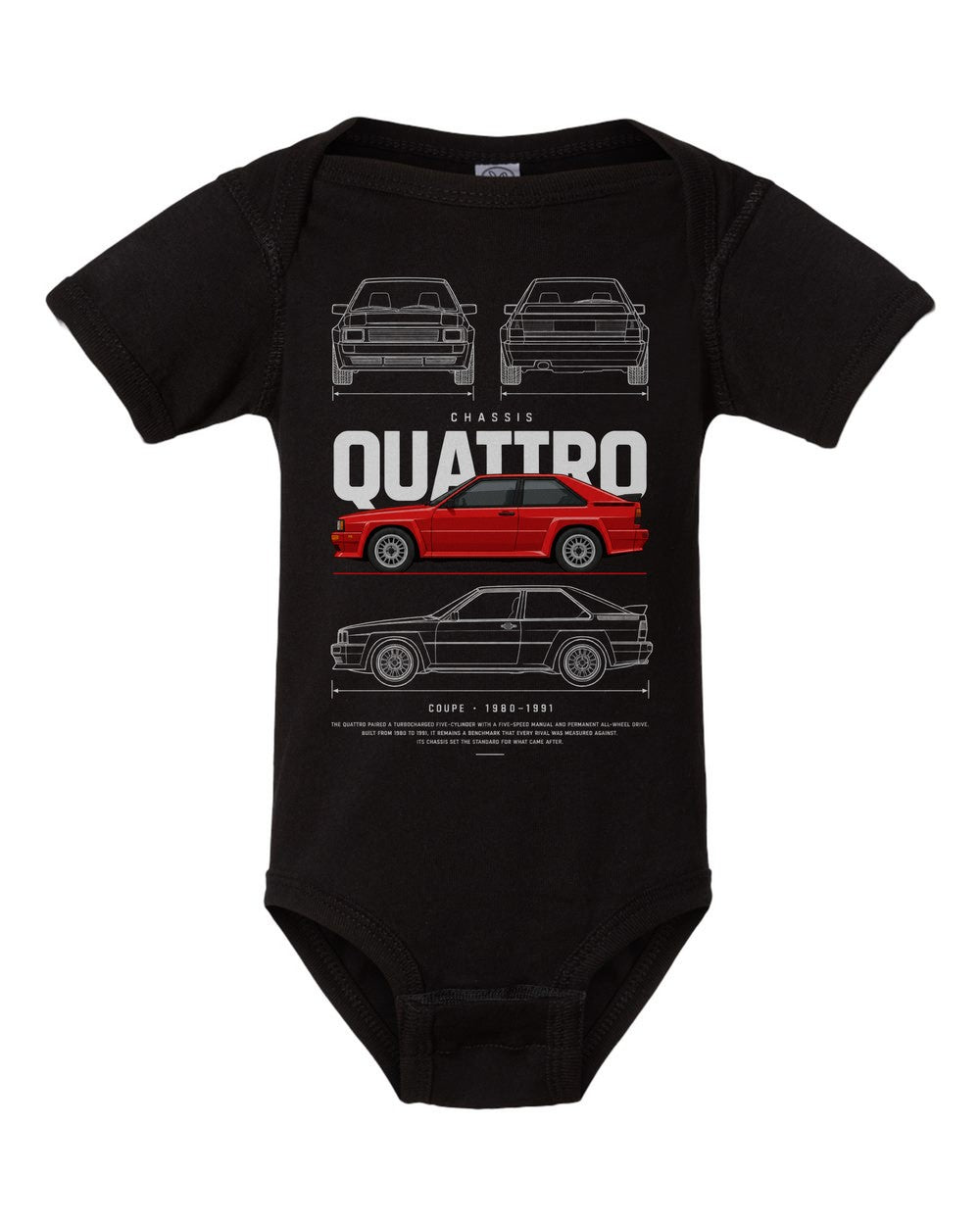 QUATTRO artwork black baby onesie front view