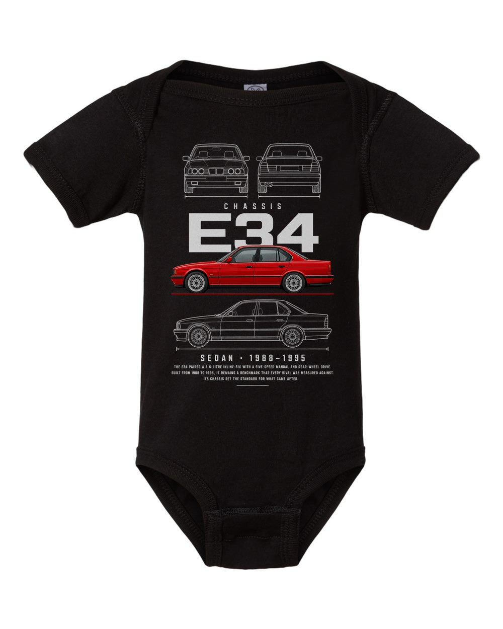 E34 artwork black baby onesie front view
