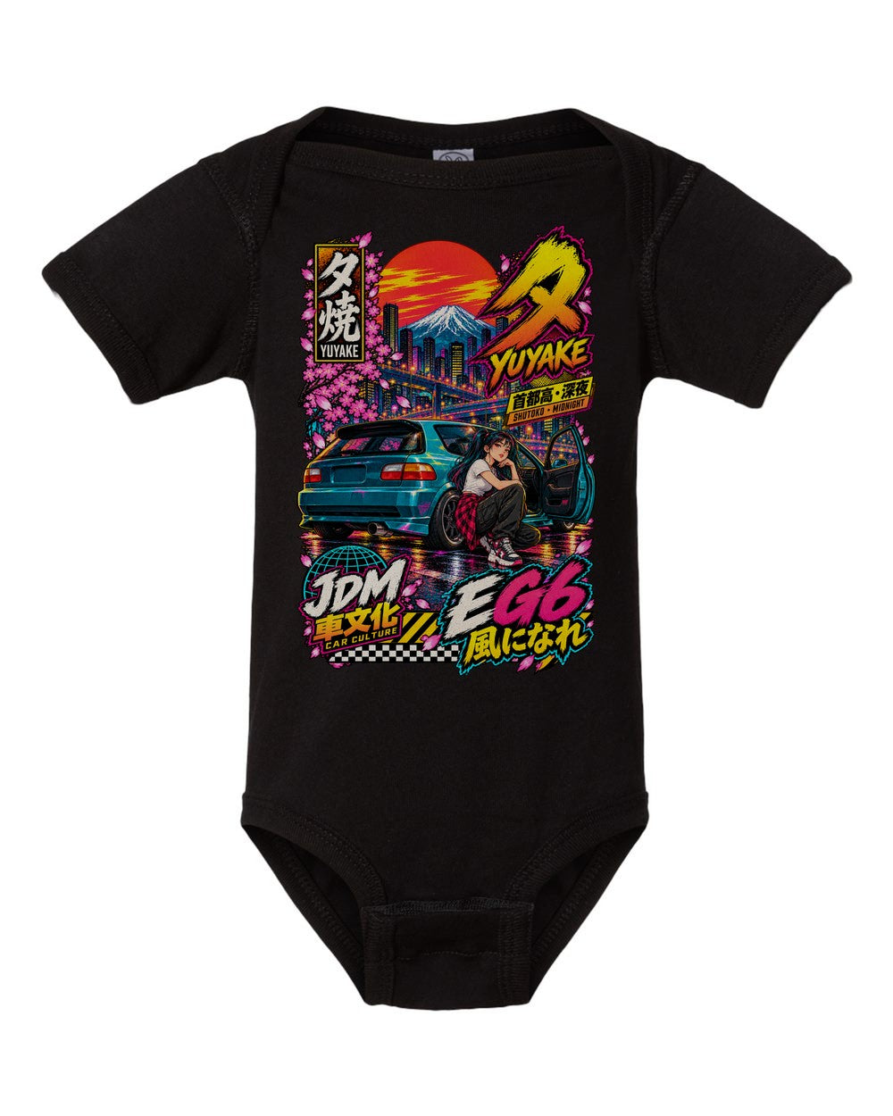 YUYAKE EG6 black baby onesie front view with artwork