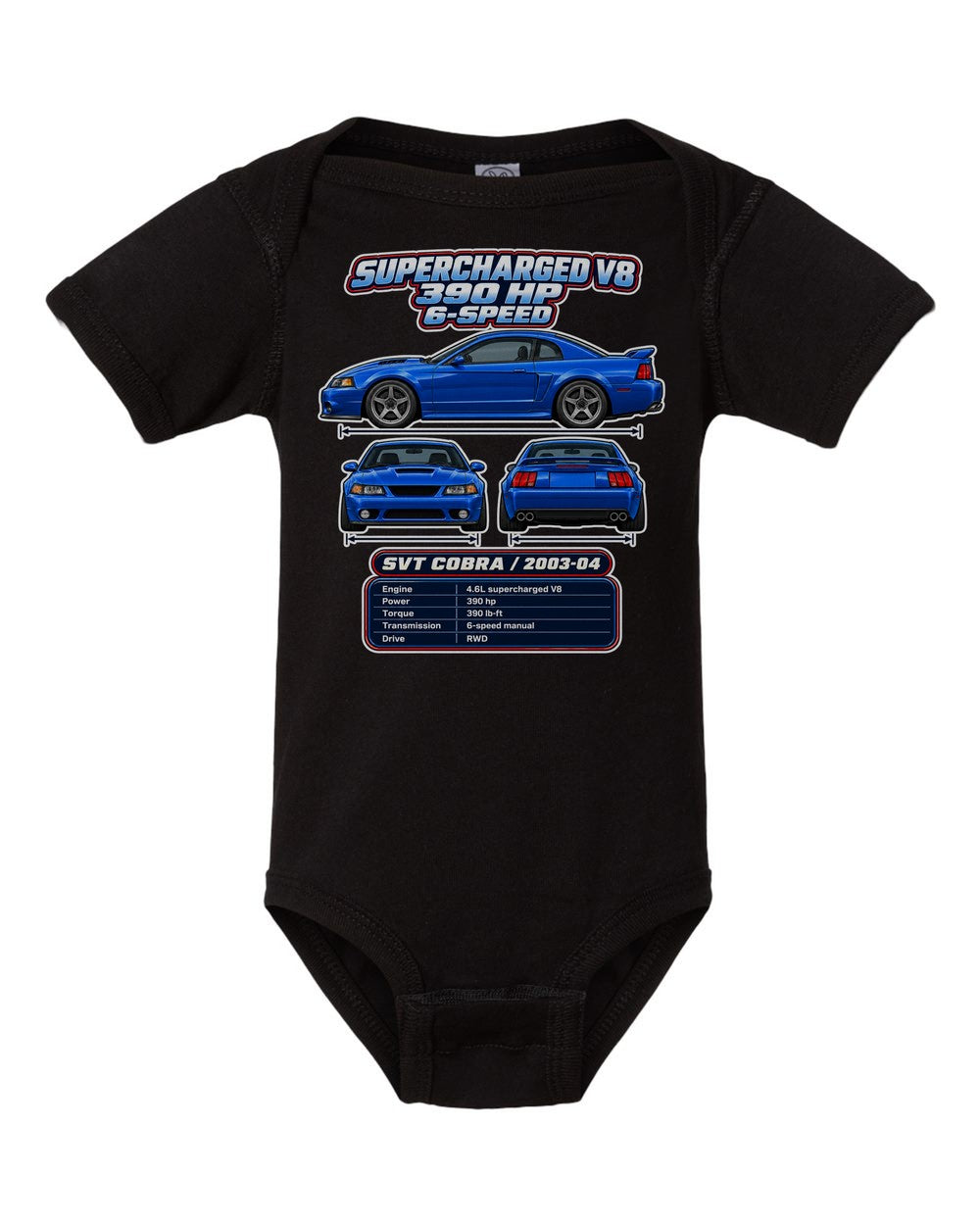 Ford SVT Cobra Terminator spec sheet black baby onesie front view