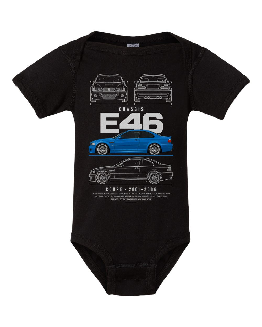 E46 artwork black baby onesie front view