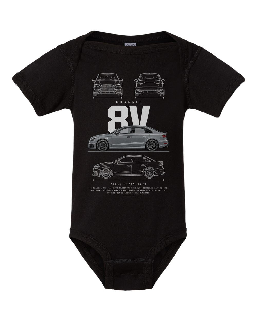 8V artwork black baby onesie front view