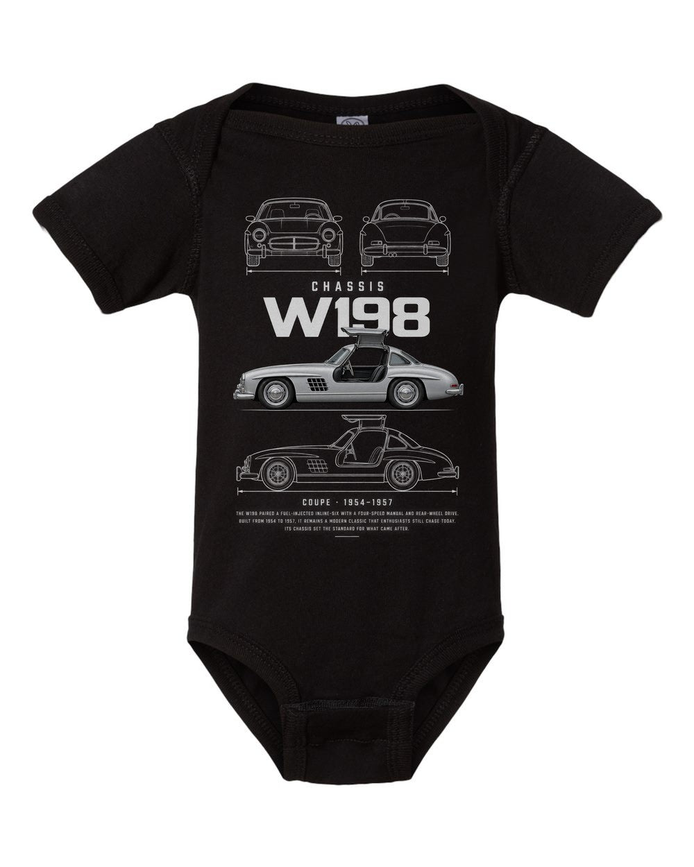 W198 artwork black baby onesie front view
