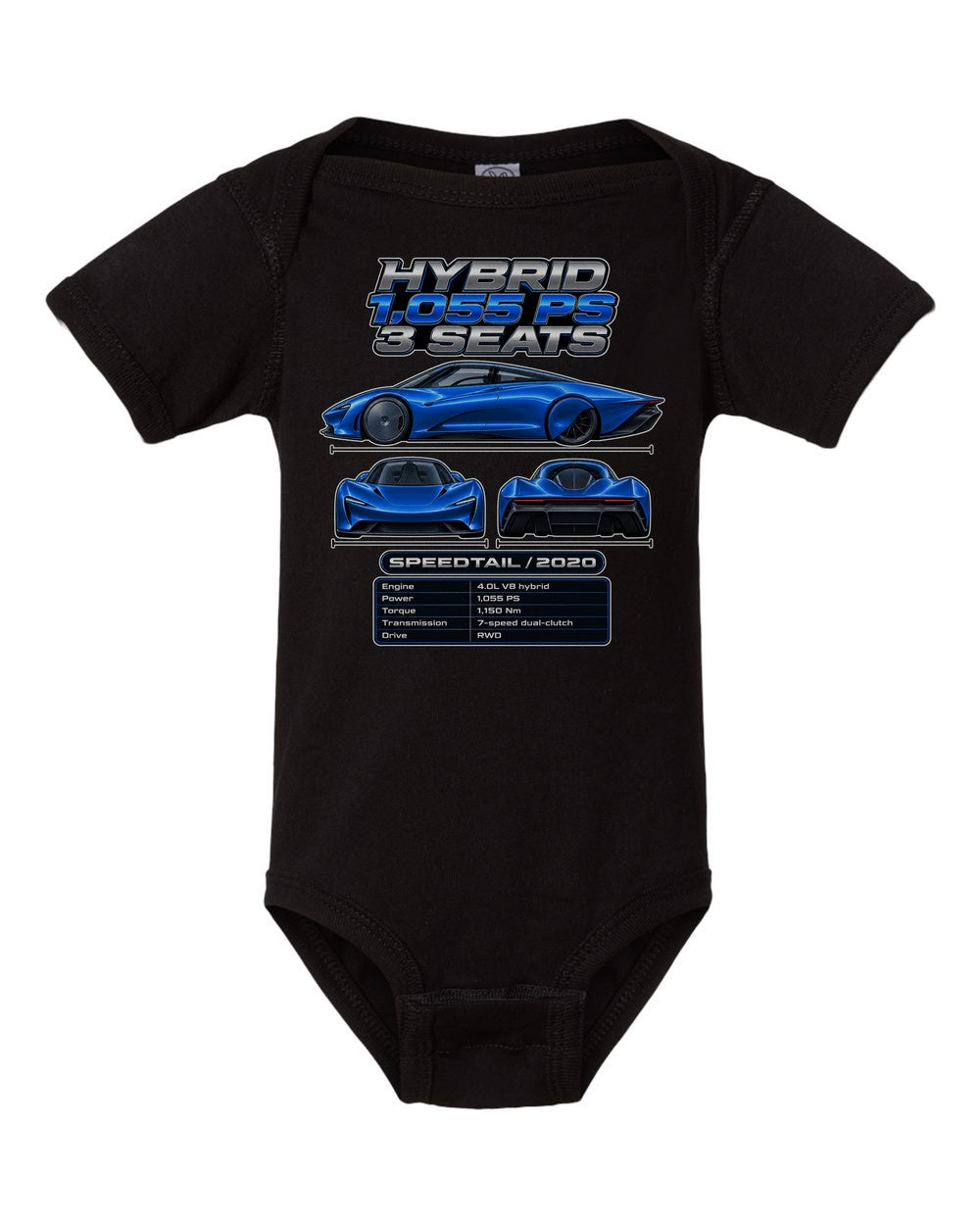 Mclaren Speedtail spec sheet black baby onesie front view