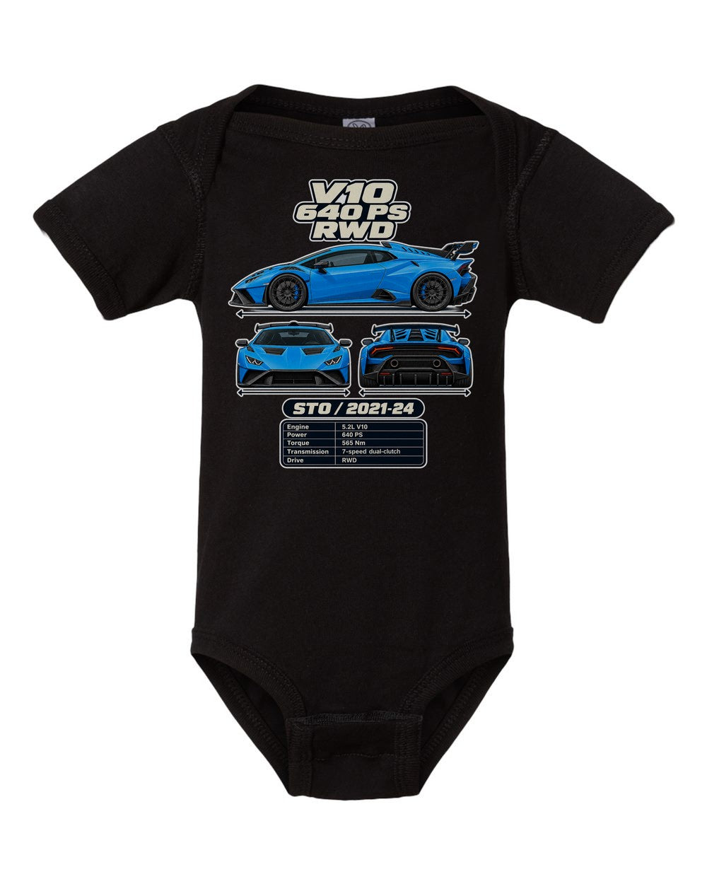 Lamborghini Huracan Sto spec sheet black baby onesie front view