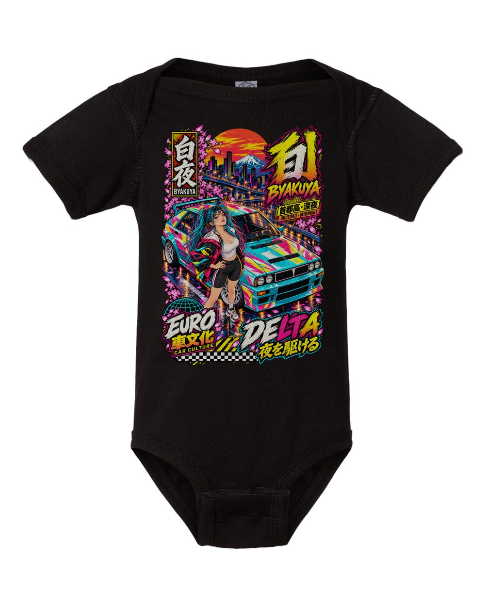 BYAKUYA DELTA black baby onesie front view with artwork
