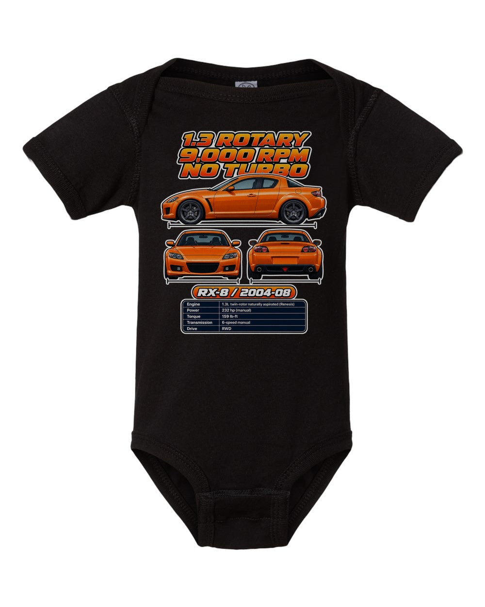 Mazda Rx 8 spec sheet black baby onesie front view