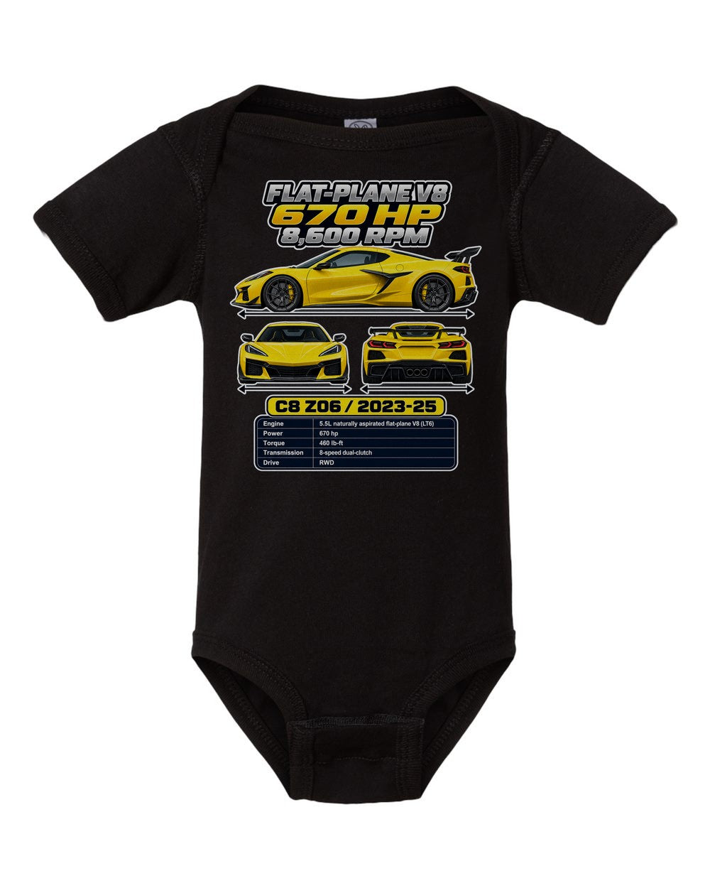 Chevrolet Corvette C8 Z06 spec sheet black baby onesie front view