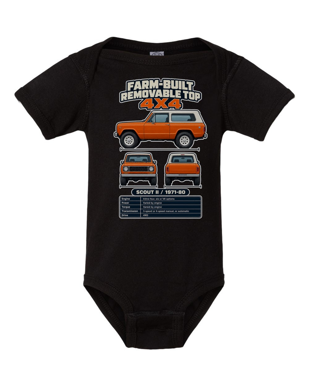 International Scout Ii spec sheet black baby onesie front view