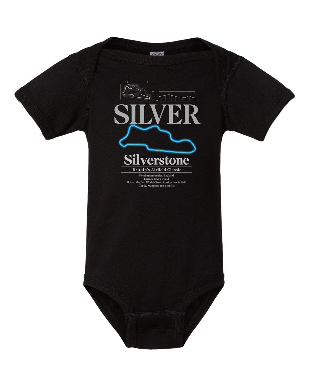 Silverstone black baby onesie front view