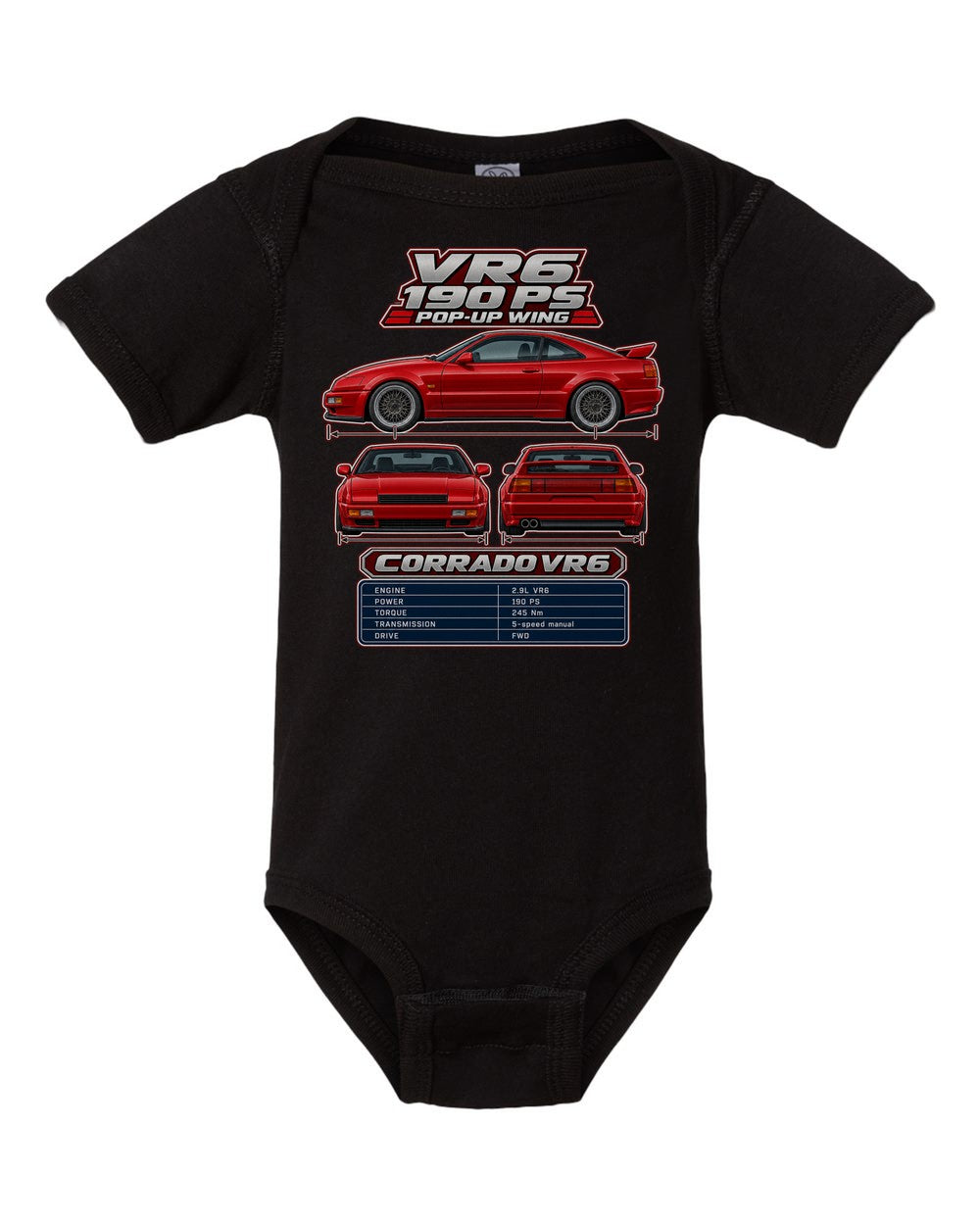 Volkswagen Corrado Vr6 spec sheet black baby onesie front view