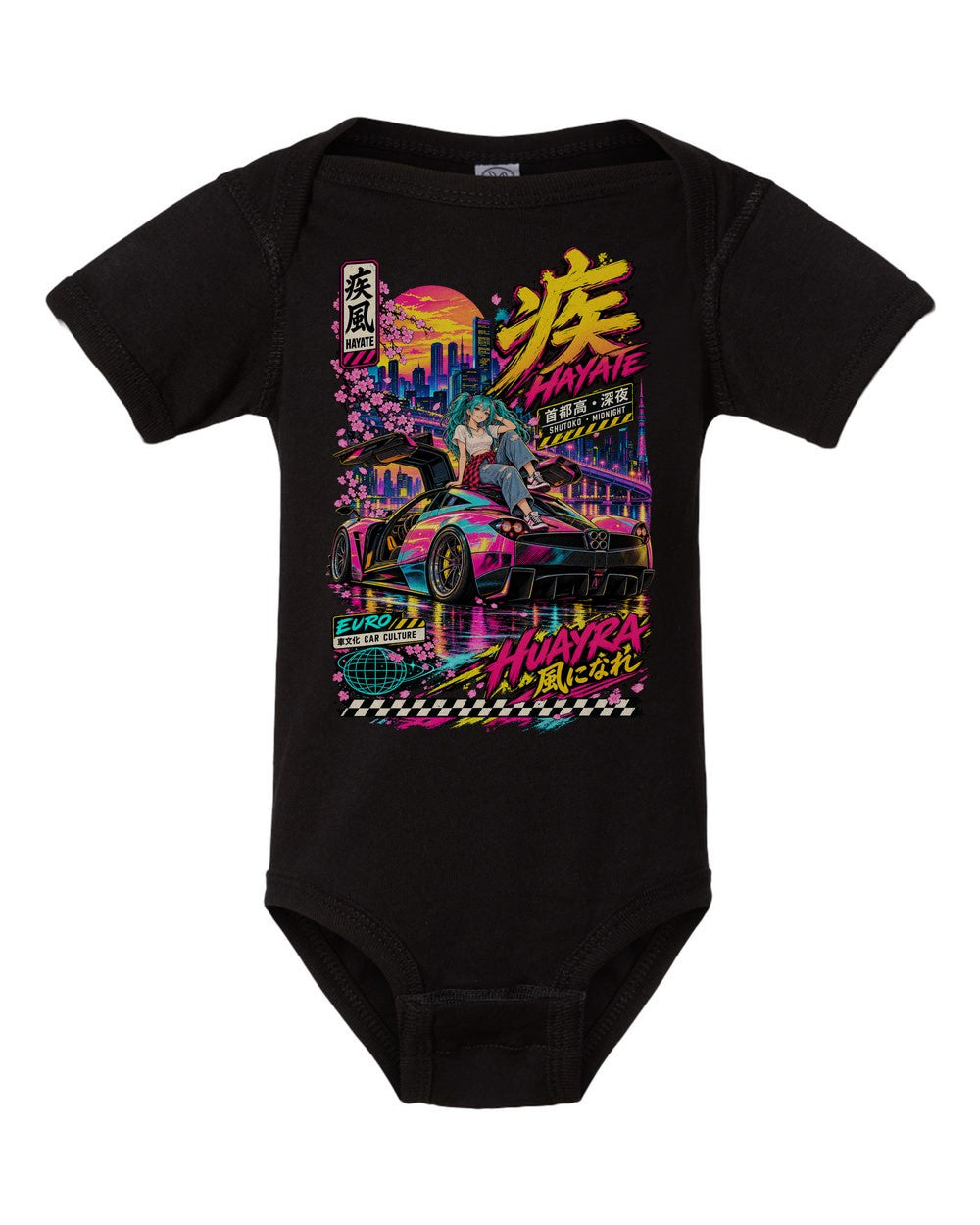 HAYATE HUAYRA black baby onesie front view with artwork