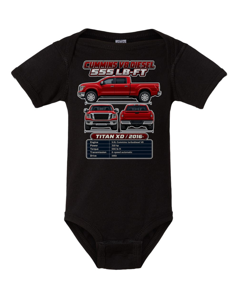 Nissan Titan Xd spec sheet black baby onesie front view