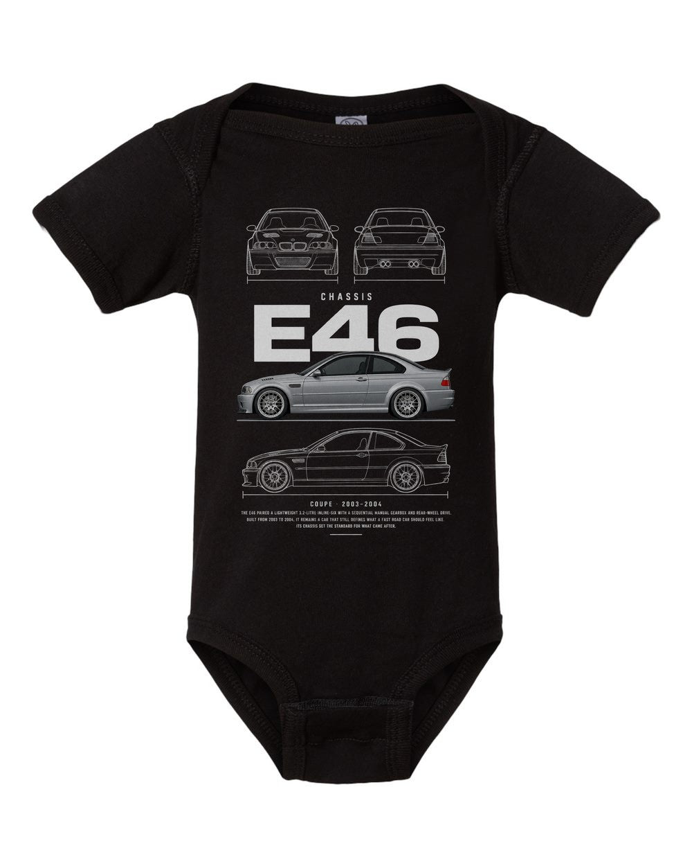 E46 artwork black baby onesie front view