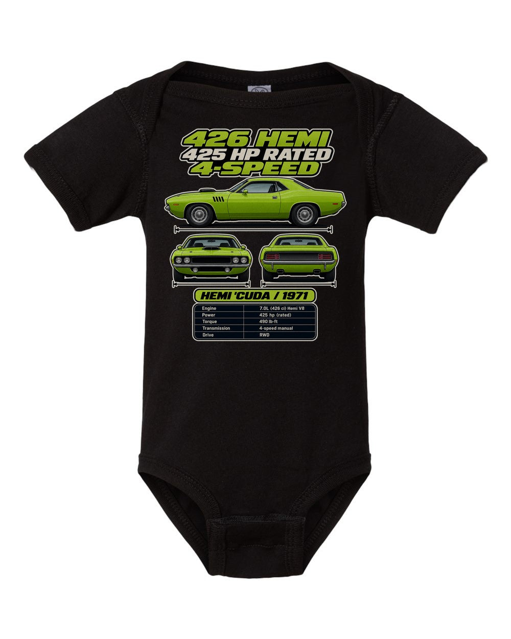 Plymouth Hemi Cuda 1971 spec sheet black baby onesie front view