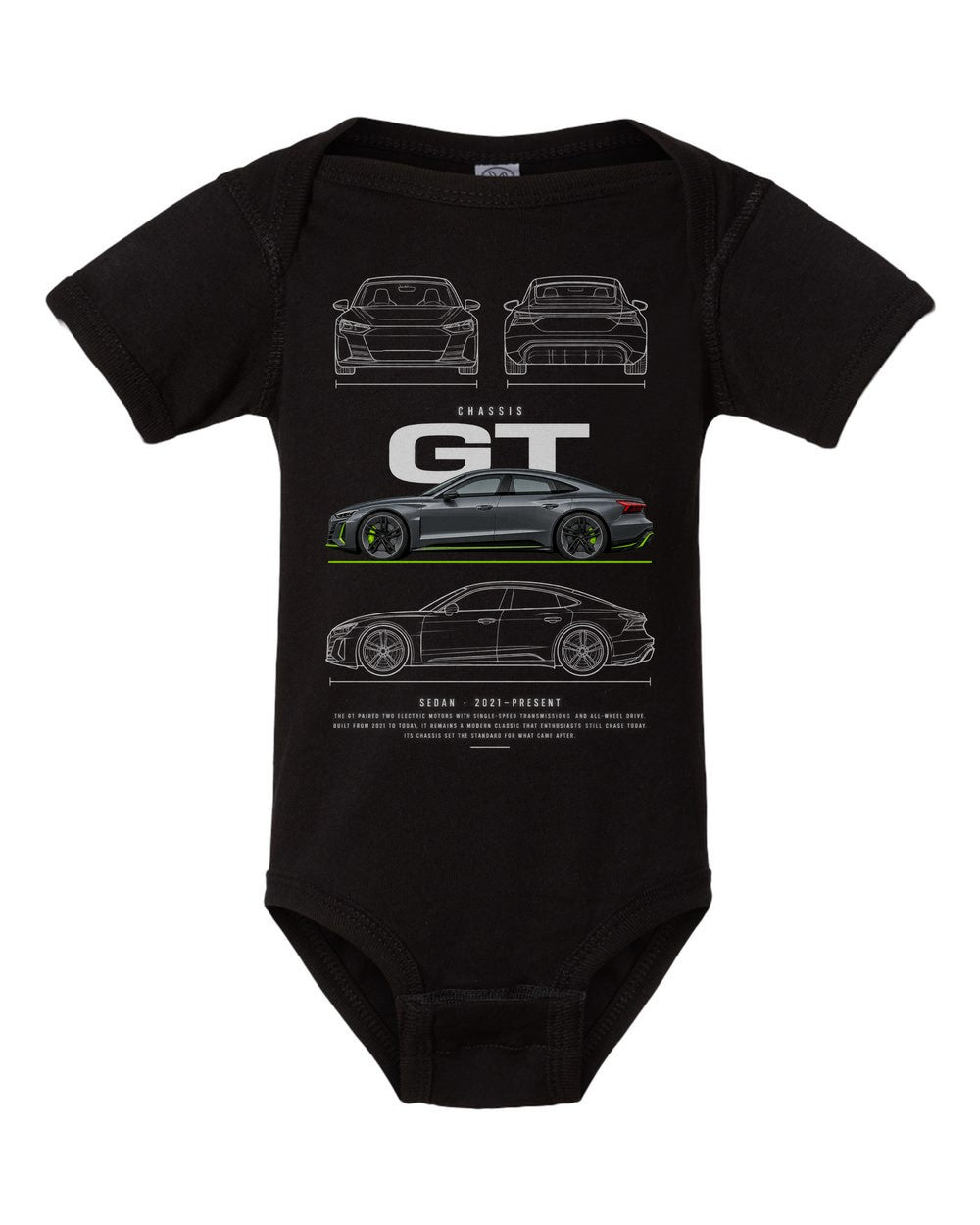 GT artwork black baby onesie front view