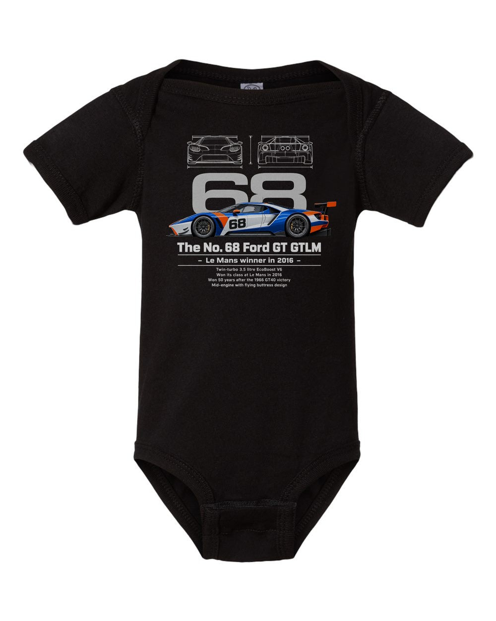 No. 68 Ford GT GTLM black baby onesie front view