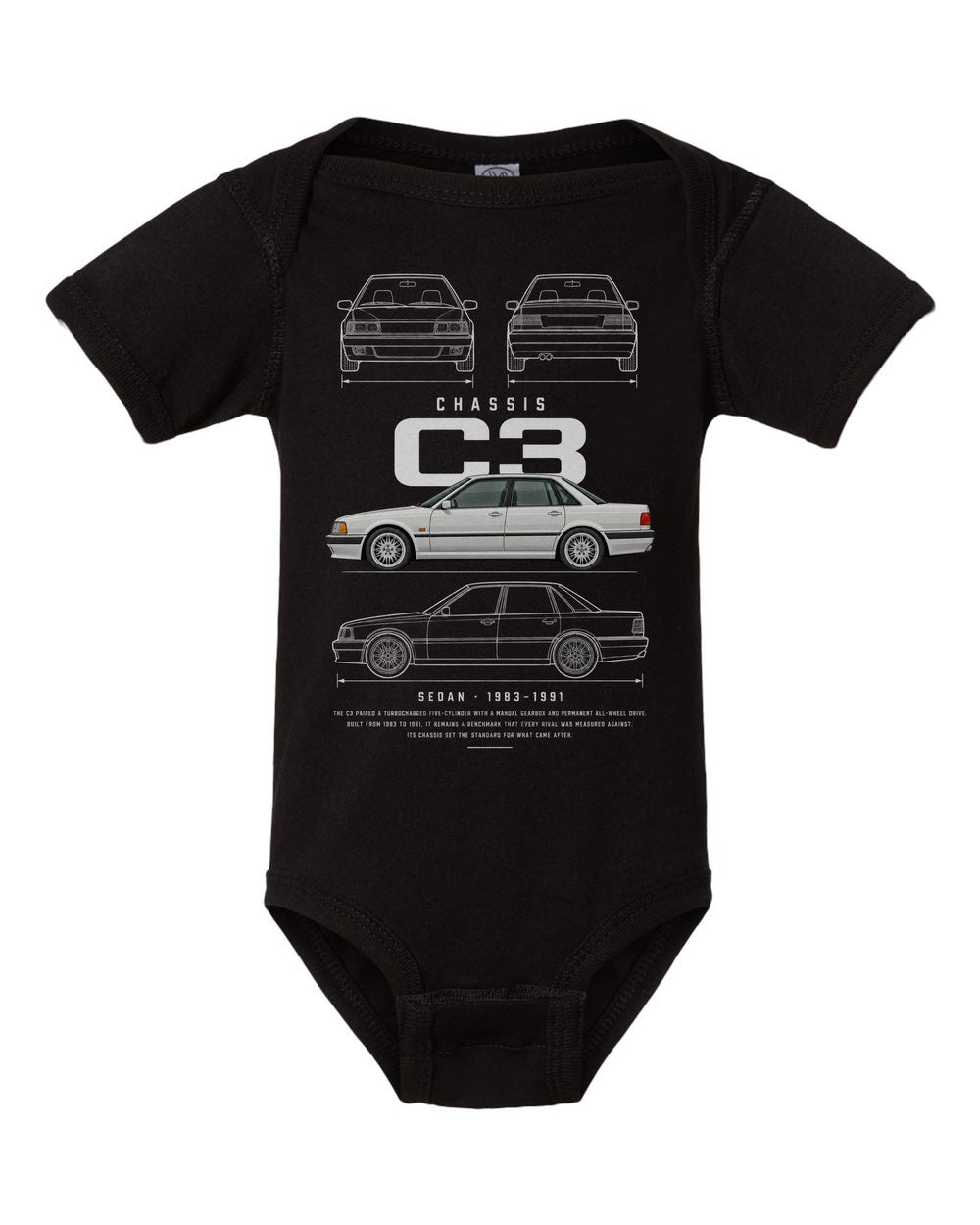 C3 artwork black baby onesie front view