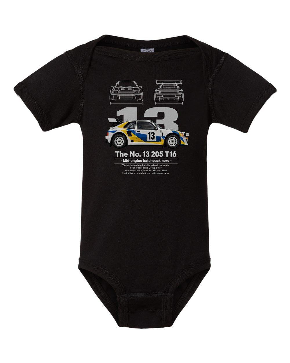 No. 13 205 T16 black baby onesie front view