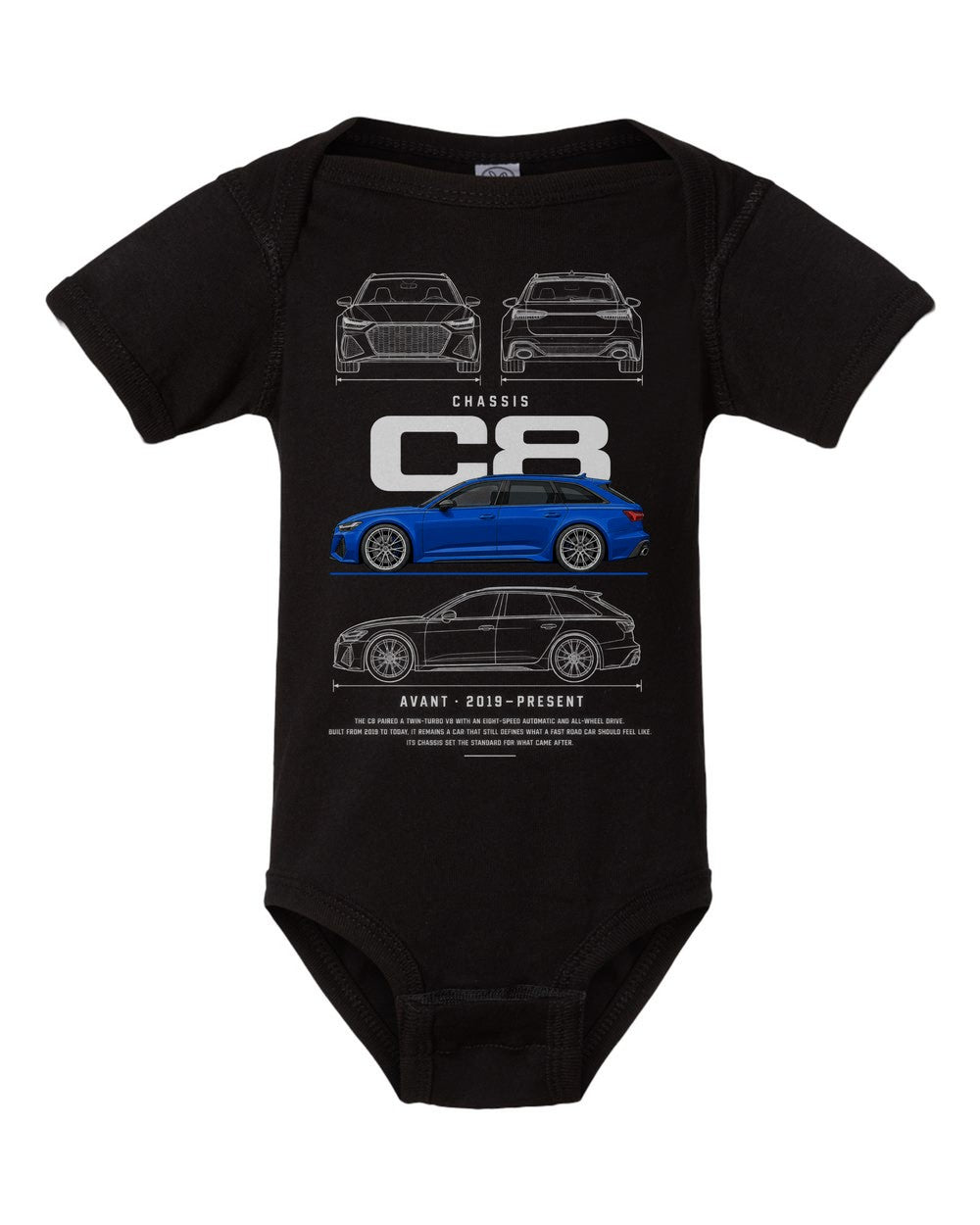 C8 artwork black baby onesie front view