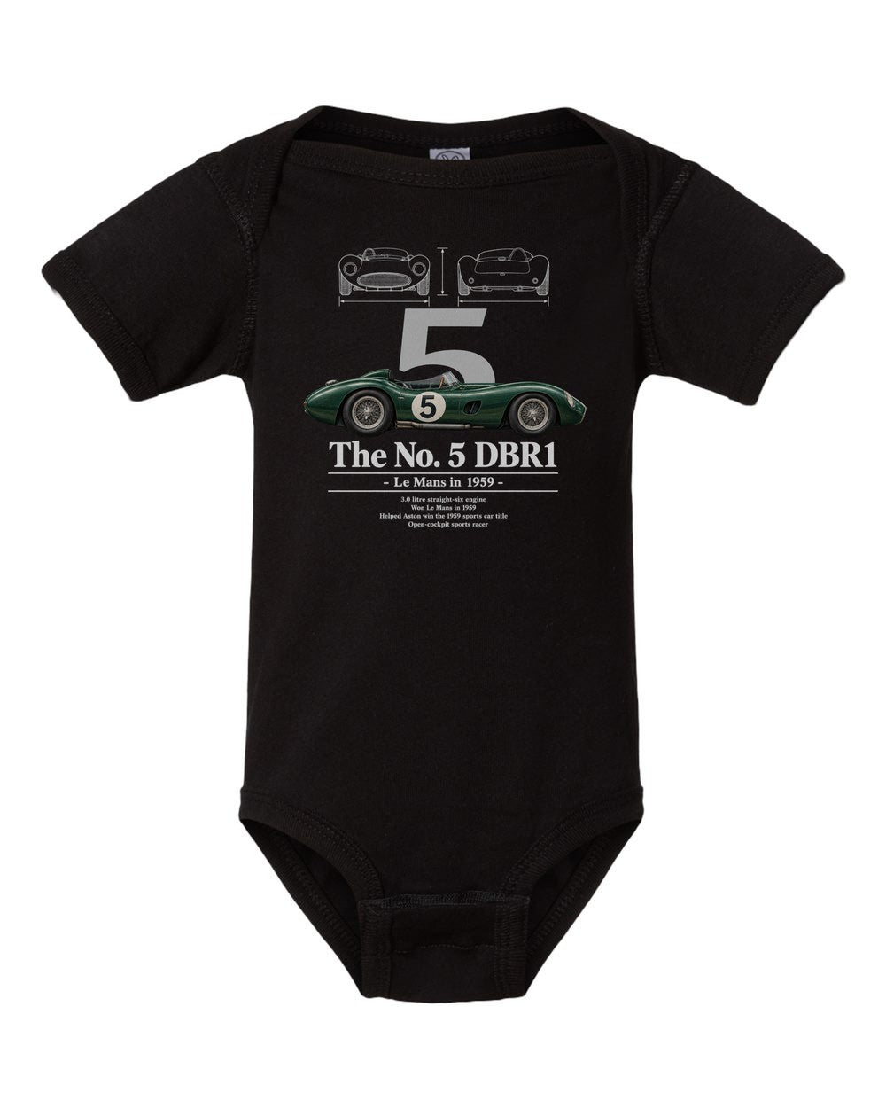 No. 5 DBR1 black baby onesie front view