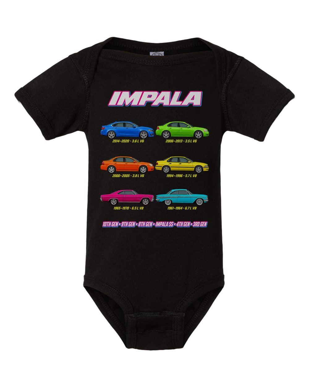 Chevy Impala evolution poster black baby onesie front view