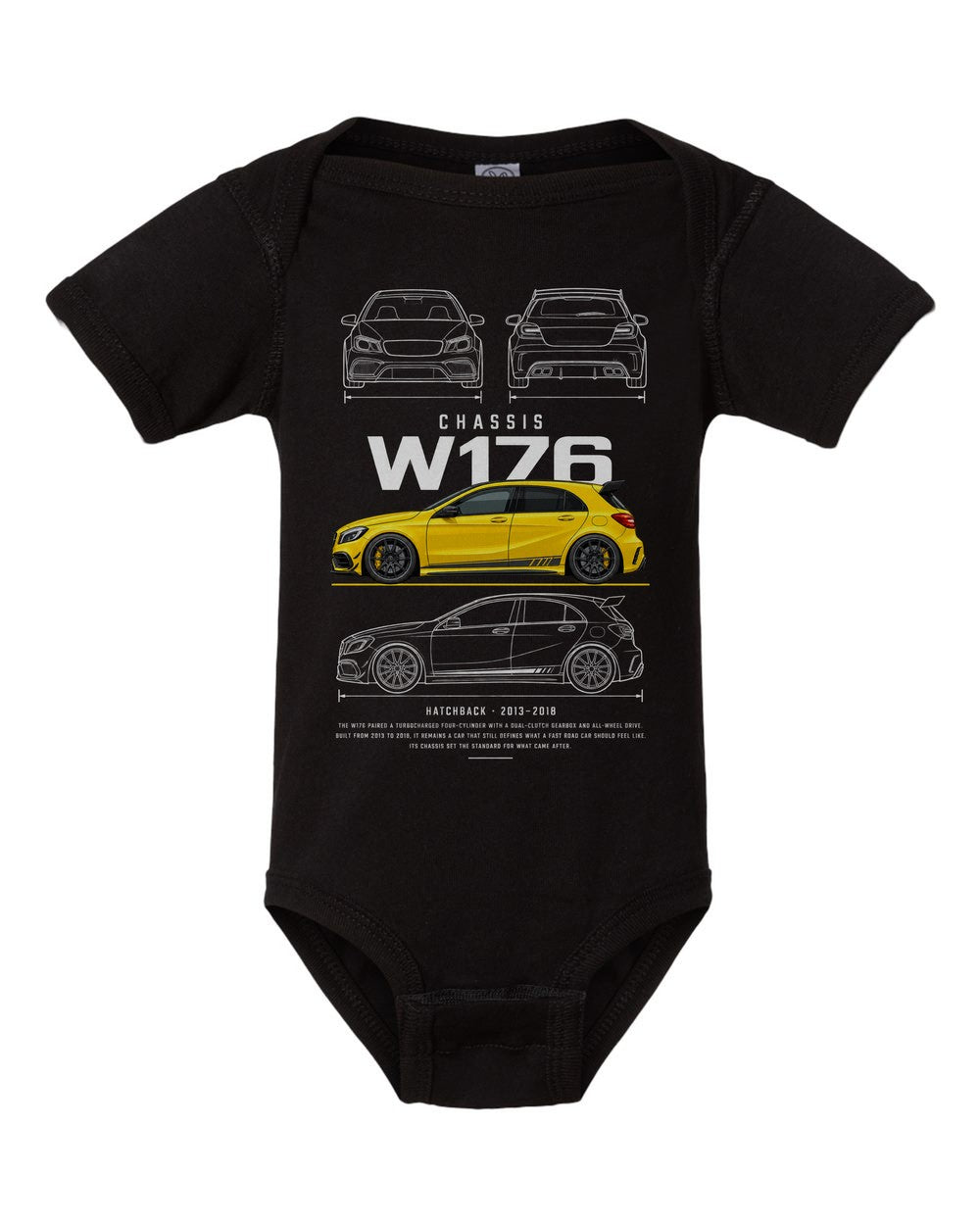 W176 artwork black baby onesie front view
