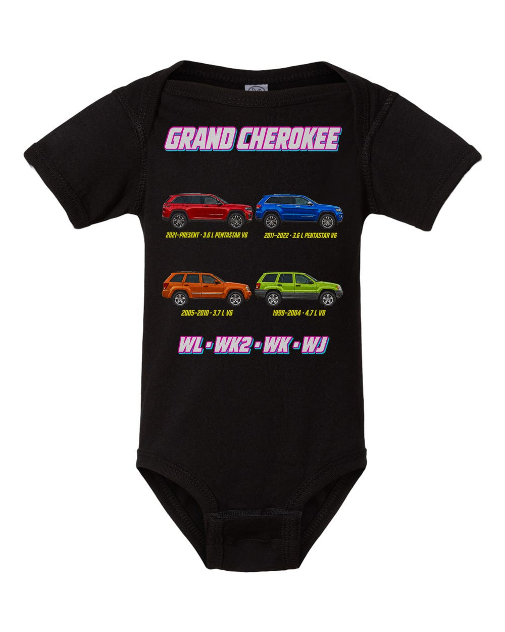 Jeep Grand Cherokee evolution poster black baby onesie front view
