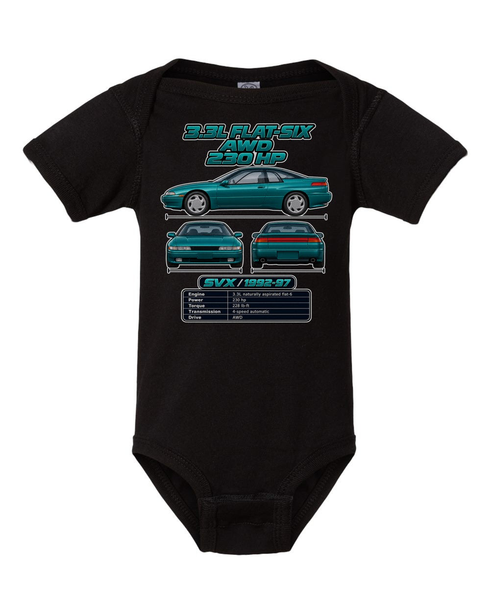Subaru Svx spec sheet black baby onesie front view