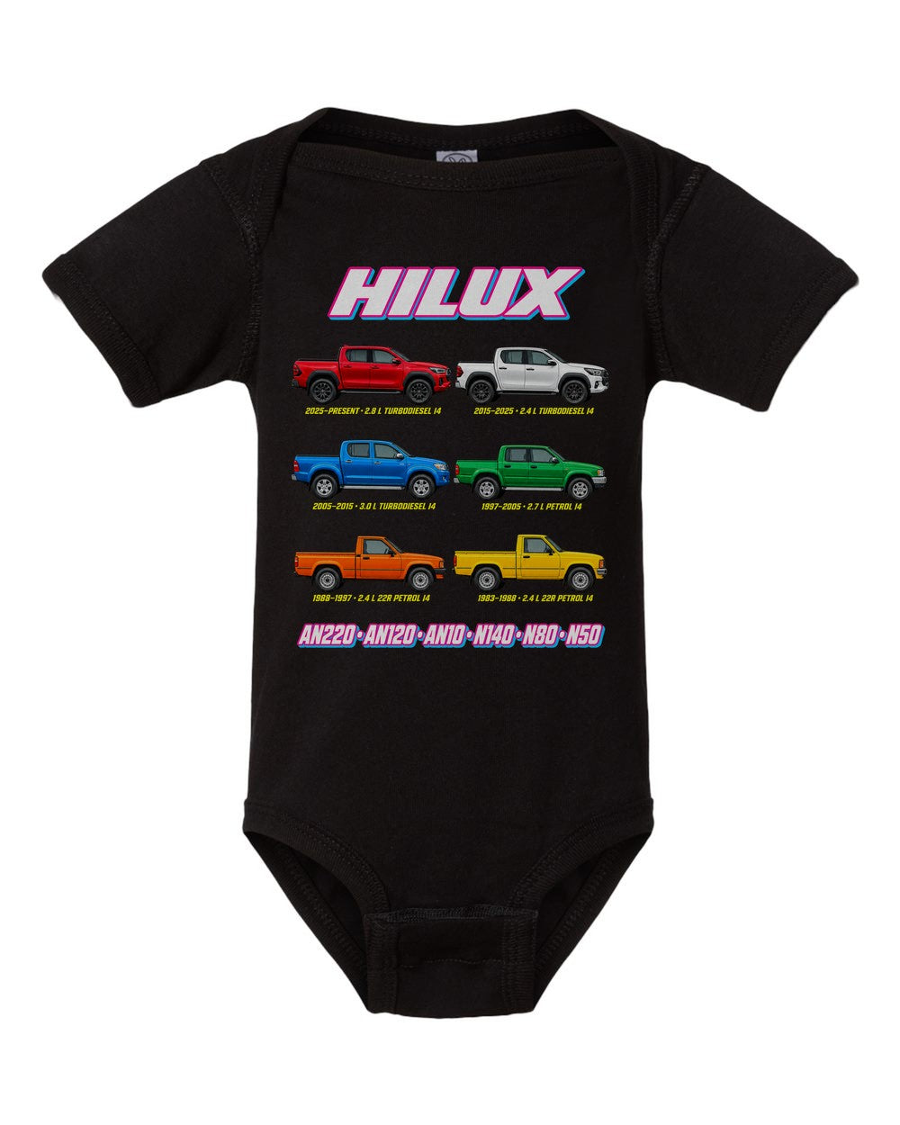 Toyota Hilux evolution poster black baby onesie front view