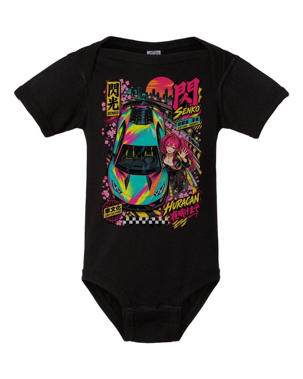 SENKO HURACAN black baby onesie front view with artwork