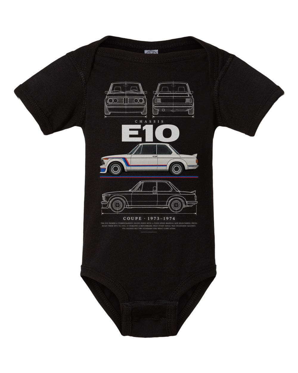 E10 artwork black baby onesie front view