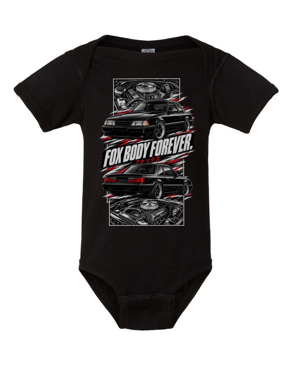Ford Mustang Fox Body torn poster black baby onesie front view
