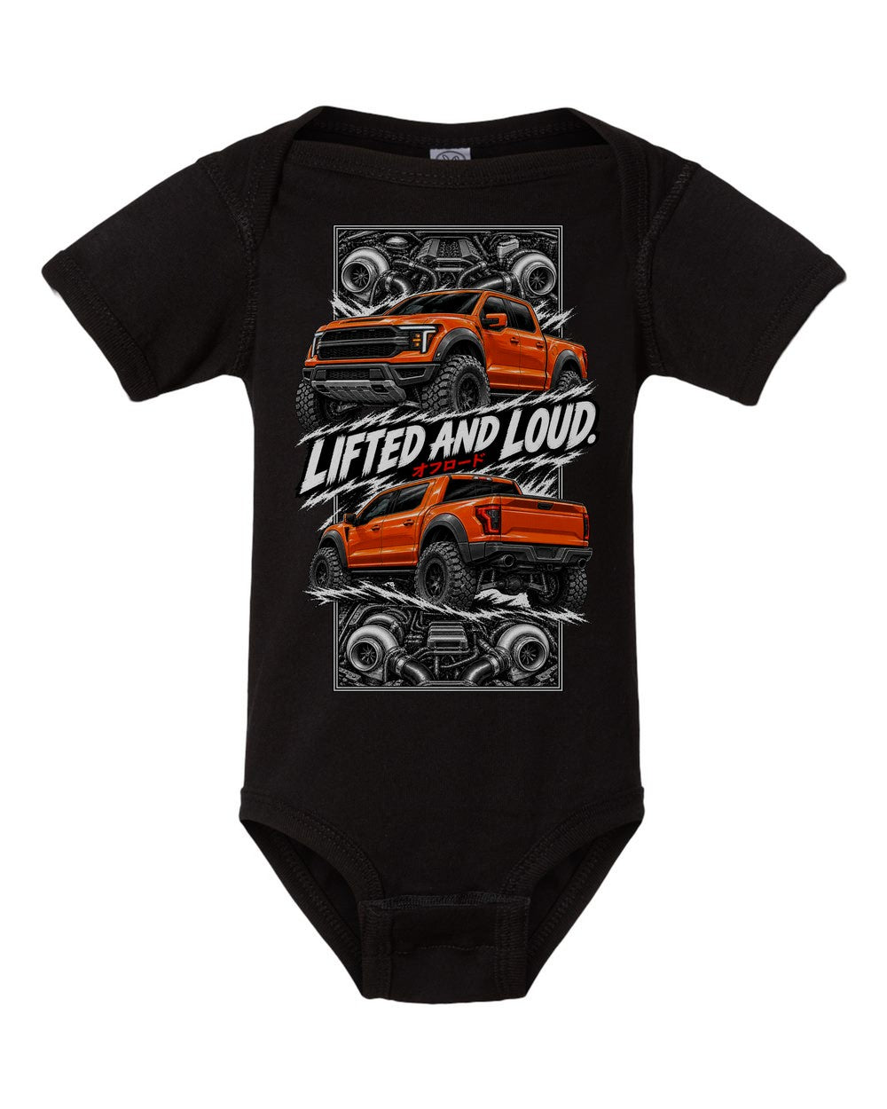 Ford F-150 Raptor torn poster black baby onesie front view
