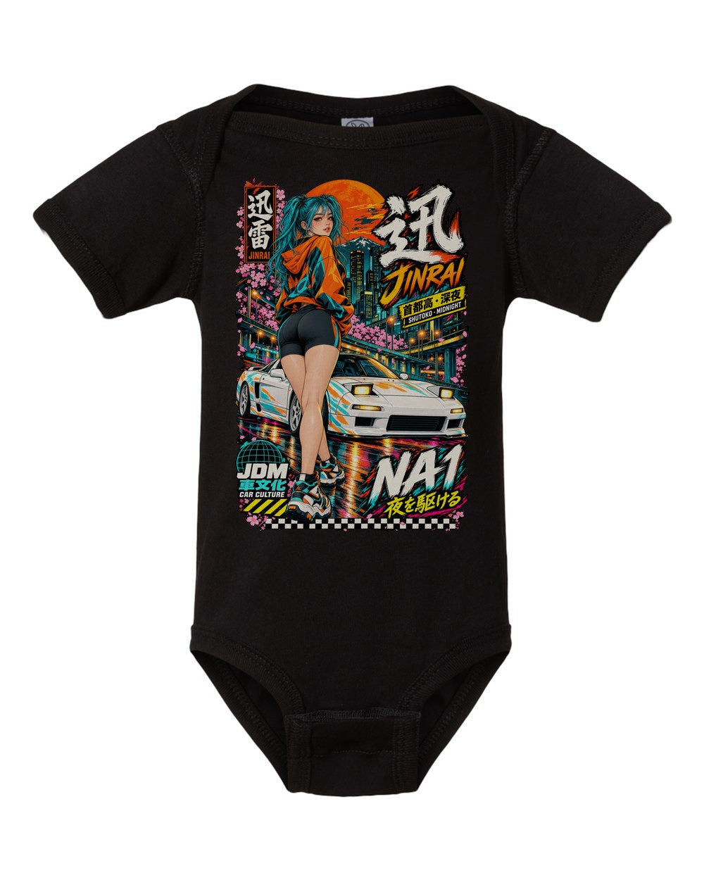 JINRAI NA1 black baby onesie front view with artwork