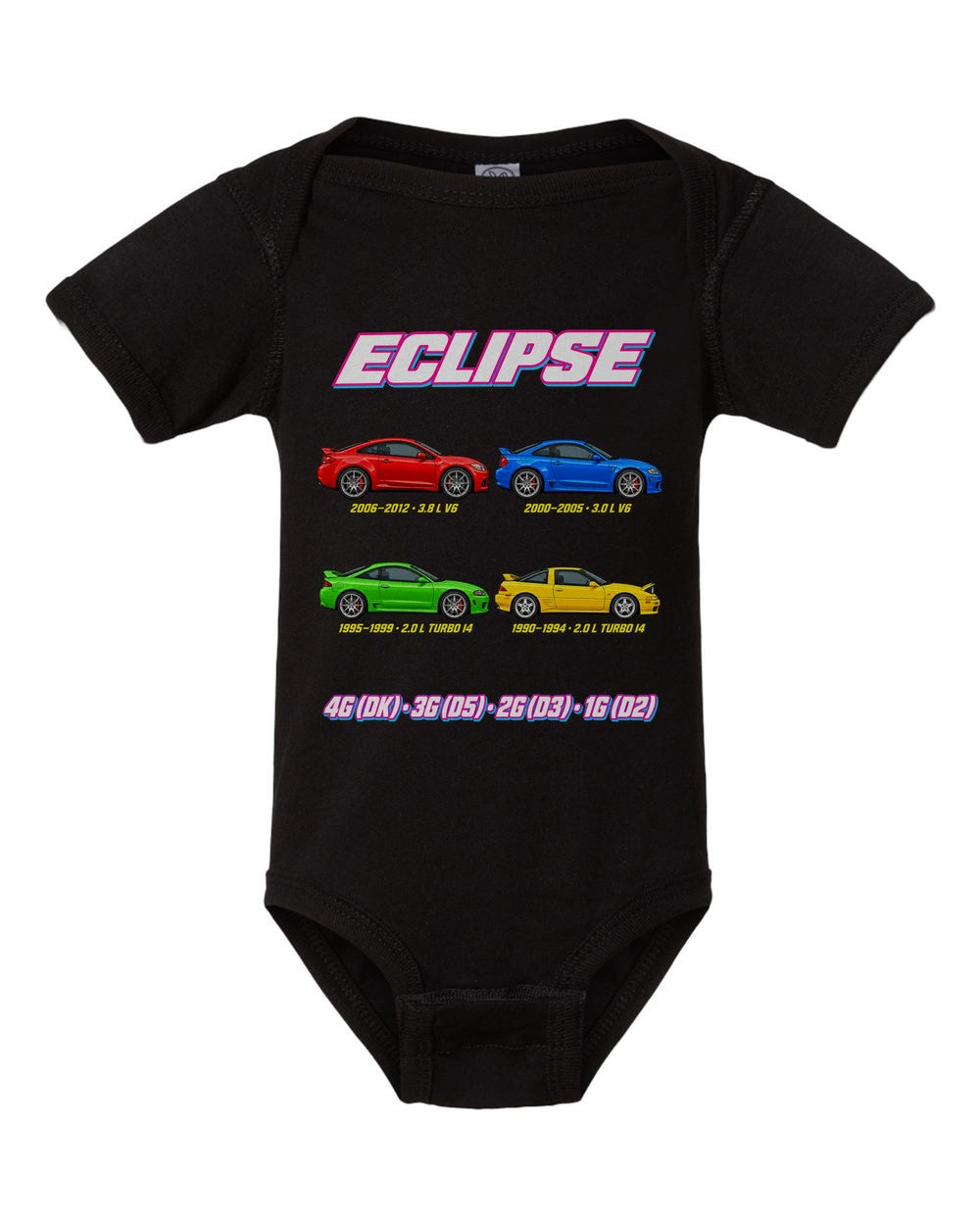 Mitsubishi Eclipse evolution poster black baby onesie front view