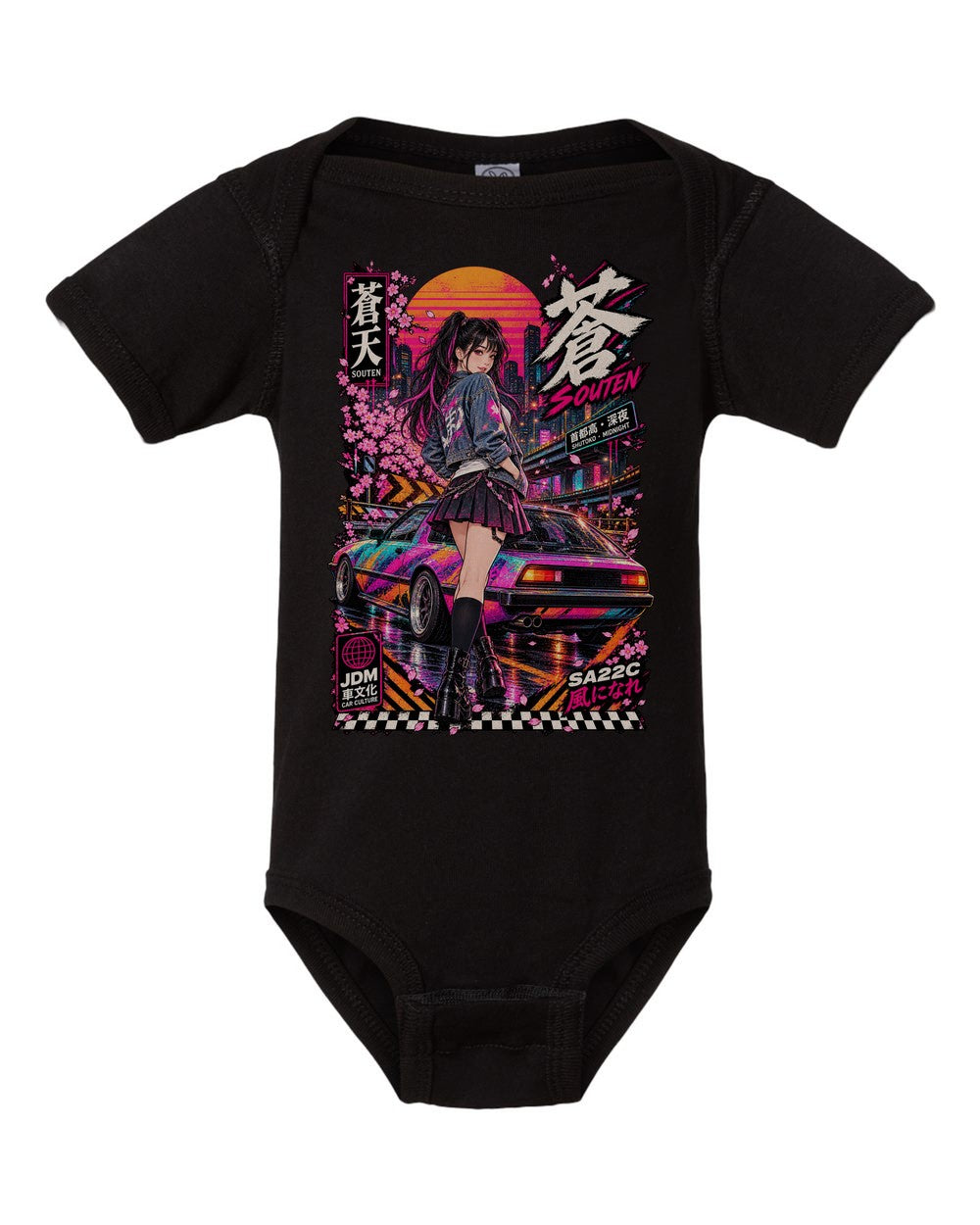 SOUTEN SA22C black baby onesie front view with artwork